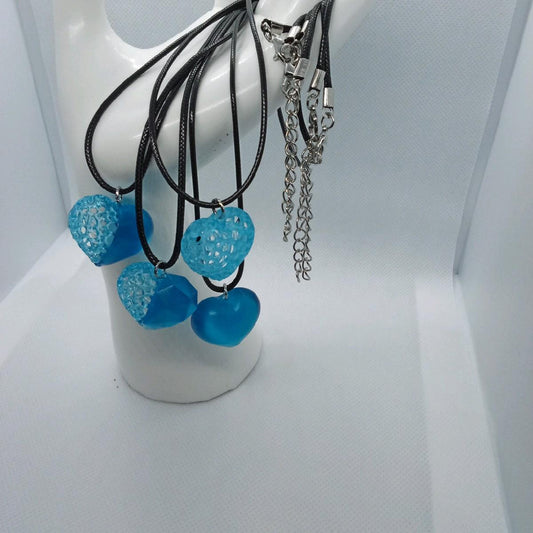 3D Resin Heart Pendant Necklace in Clear Blue with Leather Cord