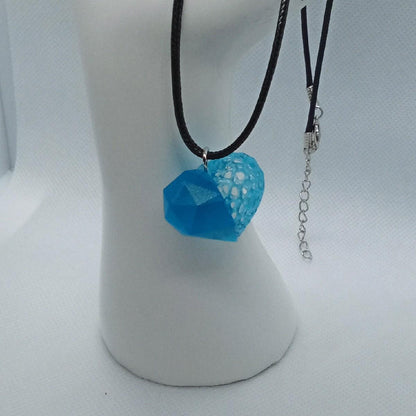 3D Resin Heart Pendant Necklace in Clear Blue with Leather Cord