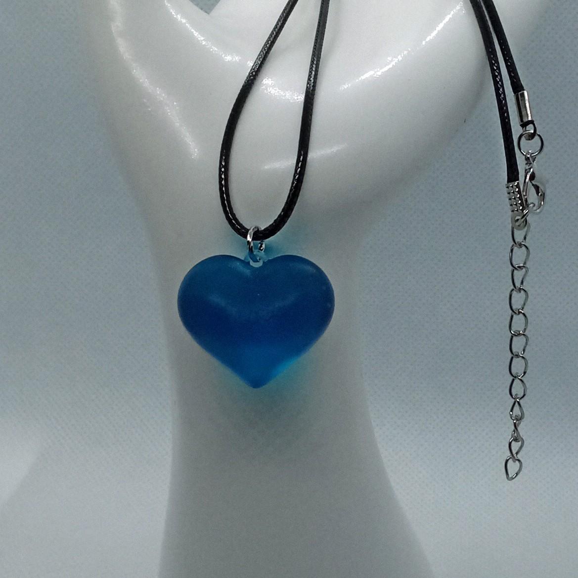 3D Resin Heart Pendant Necklace in Clear Blue with Leather Cord