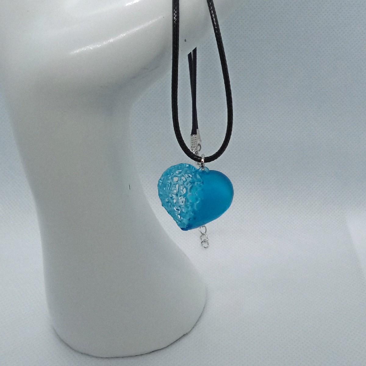 3D Resin Heart Pendant Necklace in Clear Blue with Leather Cord