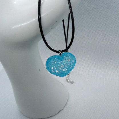 3D Resin Heart Pendant Necklace in Clear Blue with Leather Cord